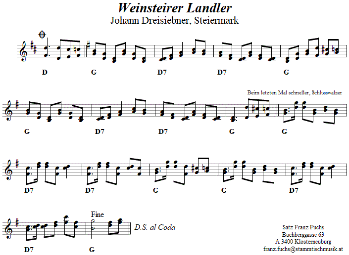 Weinsteirer Landler in zweistimmigen Noten. 
Bitte klicken, um die Melodie zu hren.