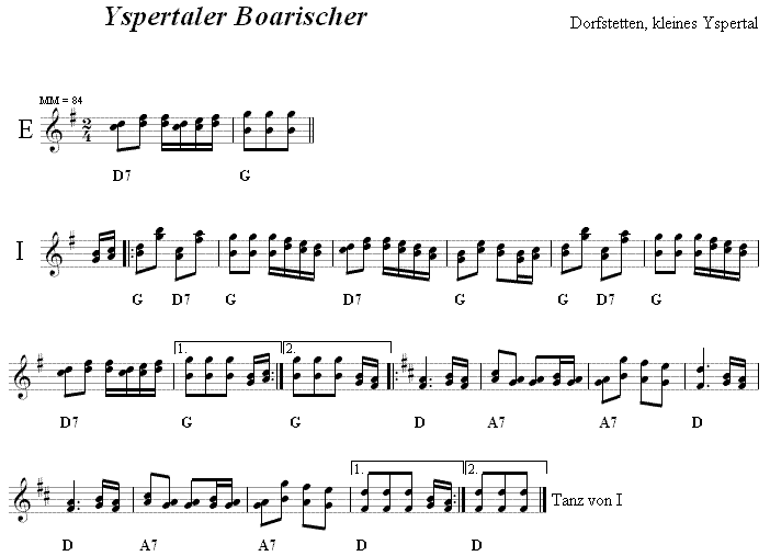 Yspertaler Boarisch in zweistimmigen Noten. 
Bitte klicken, um die Melodie zu hören.
