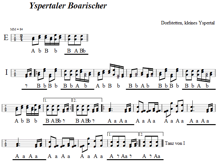 Yspertaler Boarisch in Griffschrift für Steirische Harmonika. 
Bitte klicken, um die Melodie zu hören.