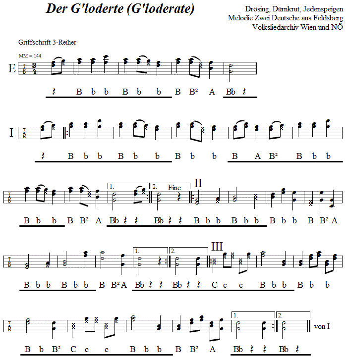 Der G'loderte in Griffschrift für Steirische Harmonika. 
Bitte klicken, um die Melodie zu hören.
