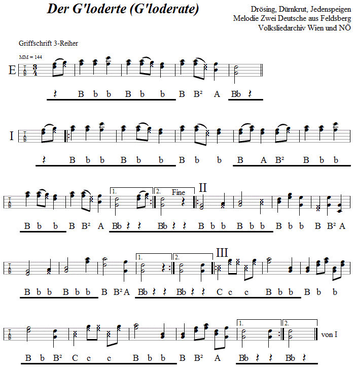 Der G'loderte in Griffschrift fr Steirische Harmonika. 
Bitte klicken, um die Melodie zu hren.