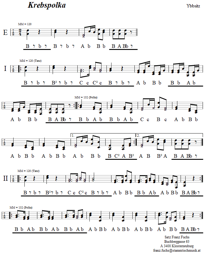 Krebspolka in Griffschrift fr steirische Harmonika. 
Bitte klicken, um die Melodie zu hren.