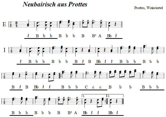 Neubairisch aus Treskowitz oder Prottes in Griffschrift für Steirische Harmonika. 
Bitte klicken, um die Melodie zu hören.