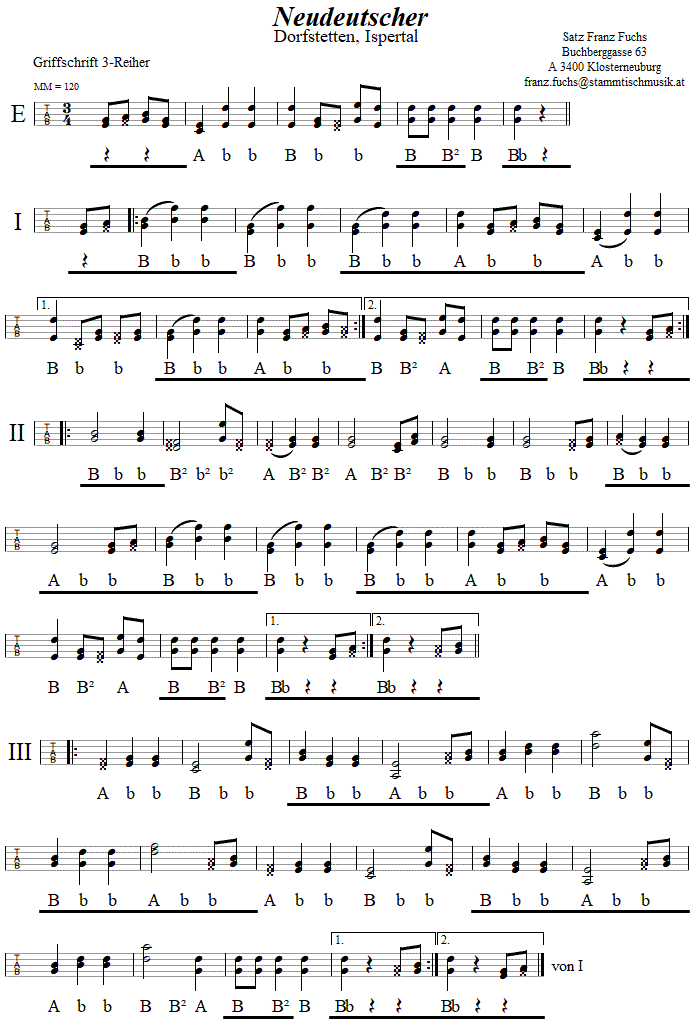 Neudeutscher in Griffschrift fr Steirische Harmonika.
Bitte klicken, um die Melodie zu hren.