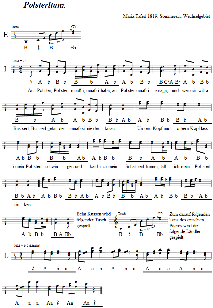 Polsterltanz in Griffschrift für Steirische Harmonika. 
Bitte klicken, um die Melodie zu hören.