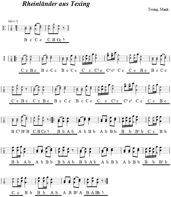 Rheinlnder aus Texing in Griffschrift fr Steirische Harmonika. 
Bitte klicken, um die Melodie zu hren.