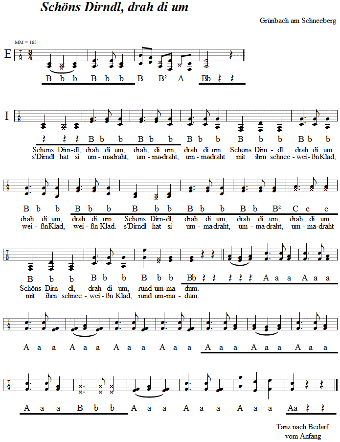 Schns Dirndl, drah di um, in Griffschrift fr Steirische Harmonika. 
Bitte klicken, um die Melodie zu hren.