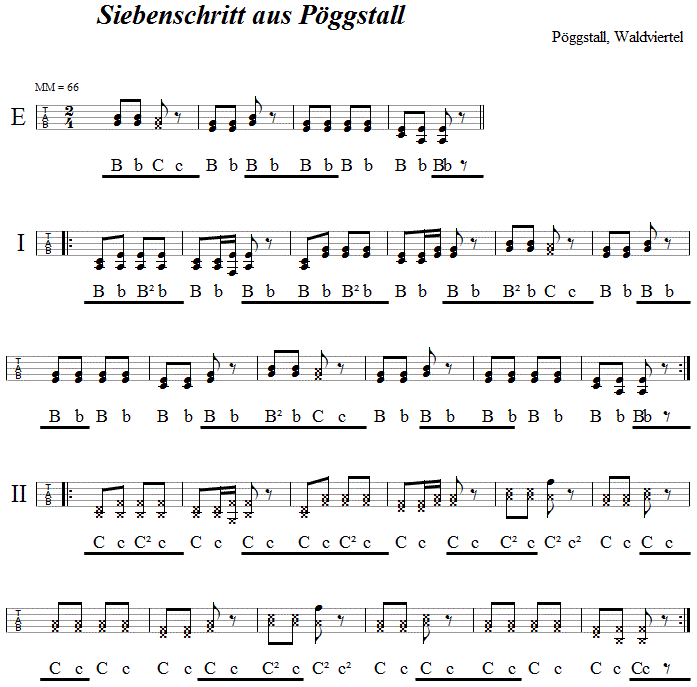 Siebenschritt aus Pöggstall  in Griffschrift für Steirische Harmonika. 
Bitte klicken, um die Melodie zu hören.