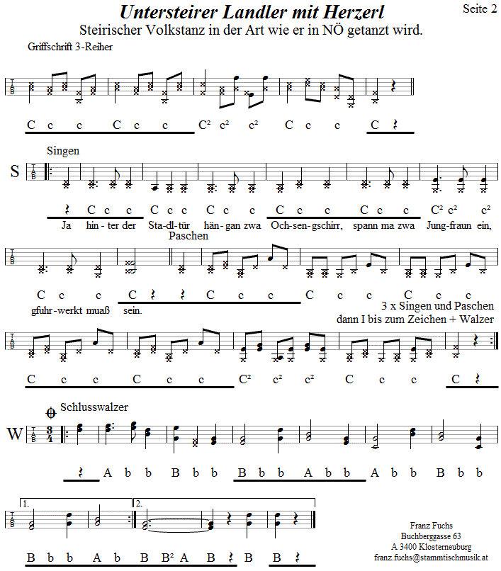 Untersteirer Landler mit Herzerl, Seite 2 in Griffschrift fr Steirische Harmonika. 
Bitte klicken, um die Melodie zu hren.