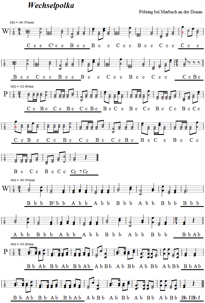 Wechselpolka  in Griffschrift für Steirische Harmonika. 
Bitte klicken, um die Melodie zu hören.