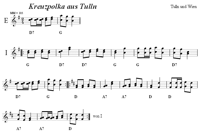 Kreuzpolka aus Tulln  in zweistimmigen Noten. 
Bitte klicken, um die Melodie zu hren.