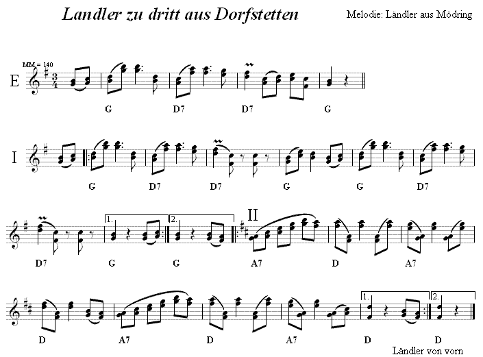 Landler zu dritt aus Dorfstetten in zweistimmigen Noten. 
Bitte klicken, um die Melodie zu hren.