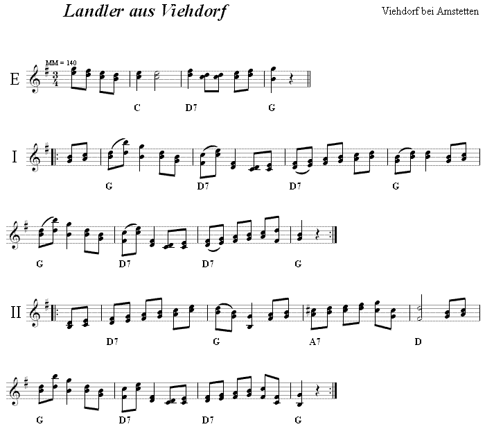 Landler aus Viehdorf in zweistimmigen Noten. 
Bitte klicken, um die Melodie zu hören.