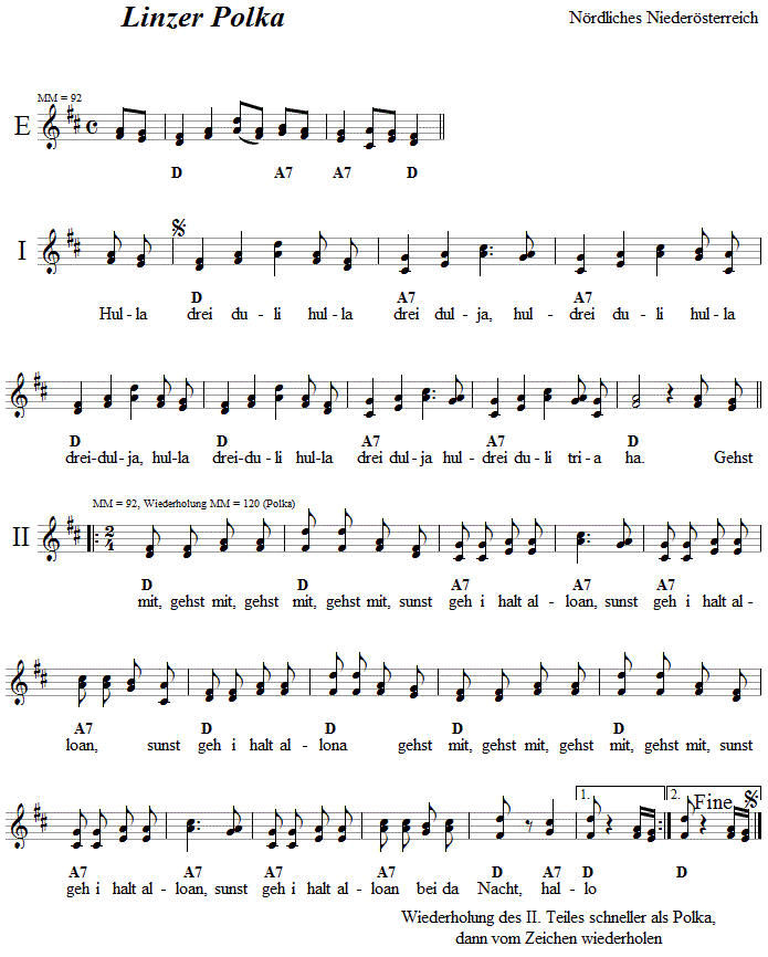 Linzer Polka in zweistimmigen Noten. 
Bitte klicken, um die Melodie zu hren.