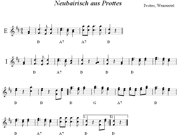 Neubairisch aus Treskowitz oder Prottes in zweistimmigen Noten. 
Bitte klicken, um die Melodie zu hören.