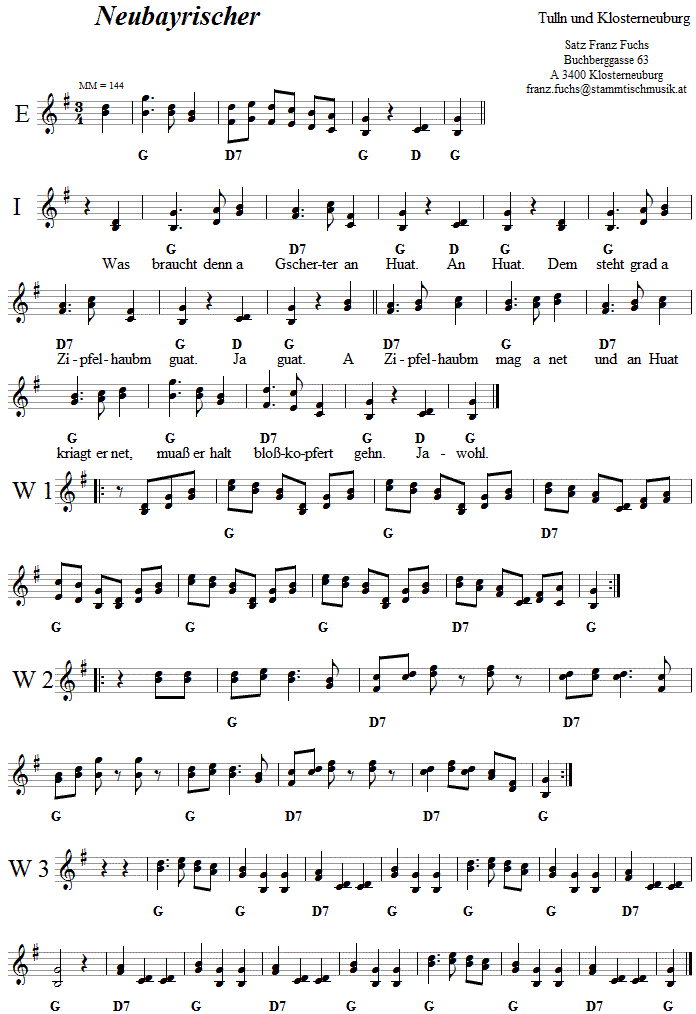 Neubayrischer aus Klosterneuburg und Tulln in zweistimmigen Noten.
Bitte klicken, um die Melodie zu hren.