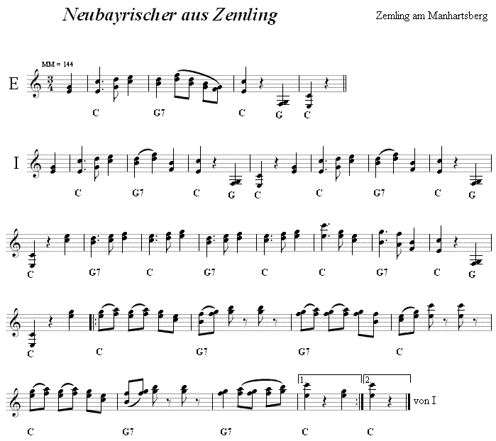 Neubayrischer aus Zemling in zweistimmigen Noten.
Bitte klicken, um die Melodie zu hren.