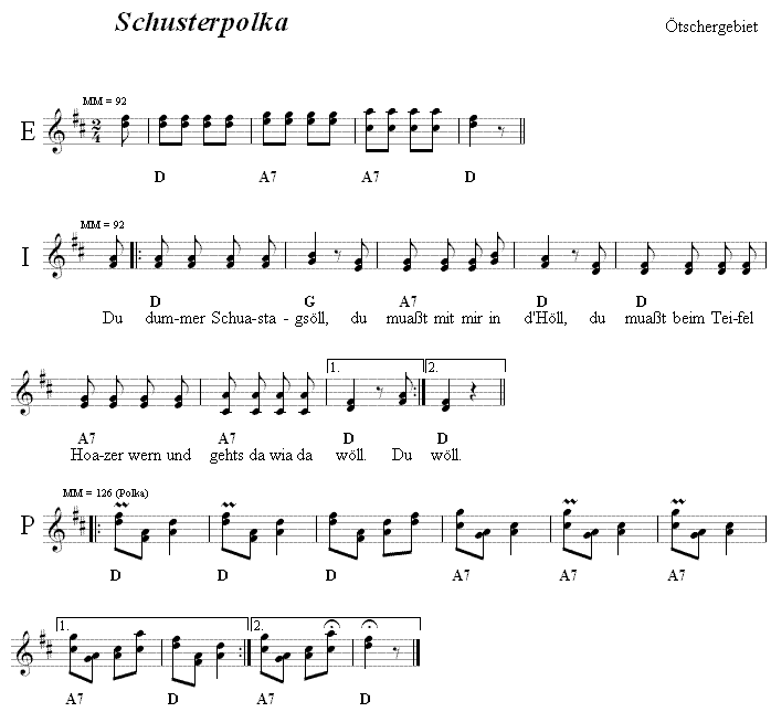 Schusterpolka aus dem tschergebiet in zweistimmigen Noten. 
Bitte klicken, um die Melodie zu hren.